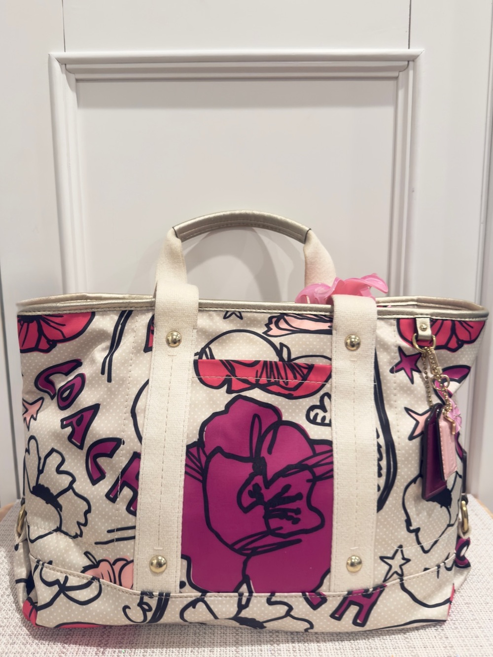 🌸🌺 Coach Kyra Floral & Polka Dot Print Cream Sateen Tote Bag - Picture 4 of 16